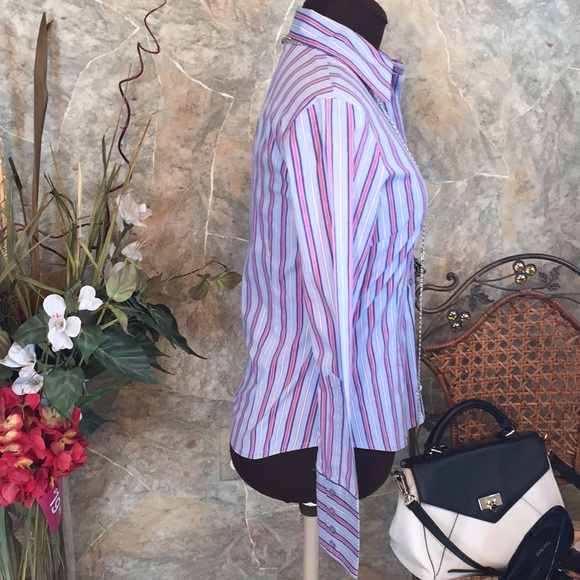 Ninety 🌹Shirt top blouse tunic striped shape flattering 4 button cuff - Picture 6 of 8